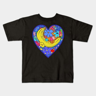 Psychedelic Banana with Hippie Flowers and Heart Kids T-Shirt